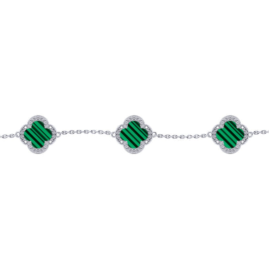 Silver  Clover Malachite CZ Halo Lucky Charm 5 Bracelet 7-8.5" - ABB252