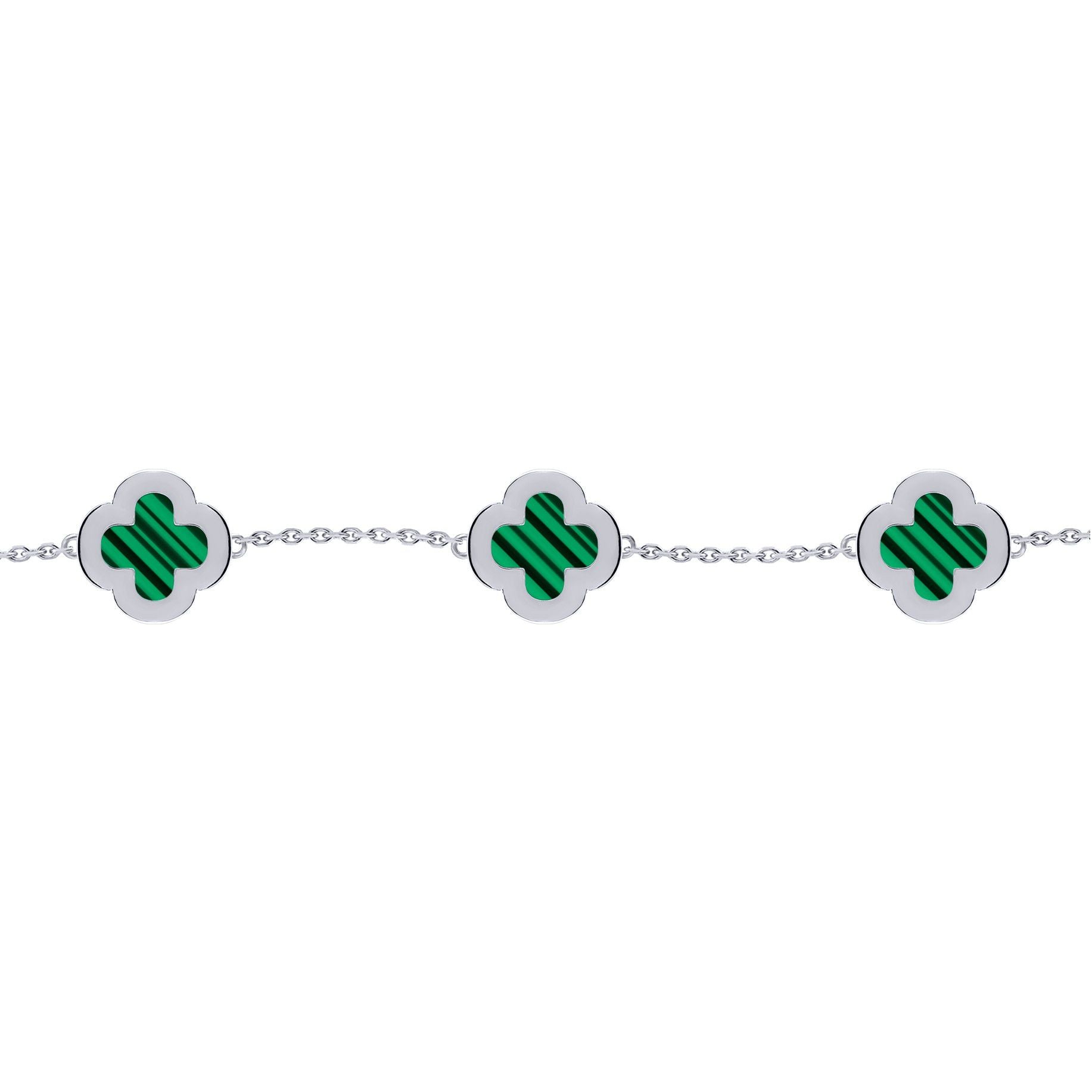 Silver  Clover Malachite CZ Halo Lucky Charm 5 Bracelet 7-8.5" - ABB252