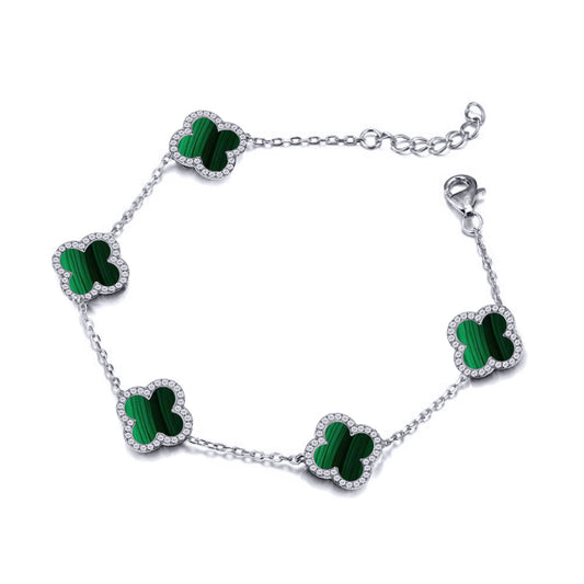 Silver  Clover Malachite CZ Halo Lucky Charm 5 Bracelet 7-8.5" - ABB252