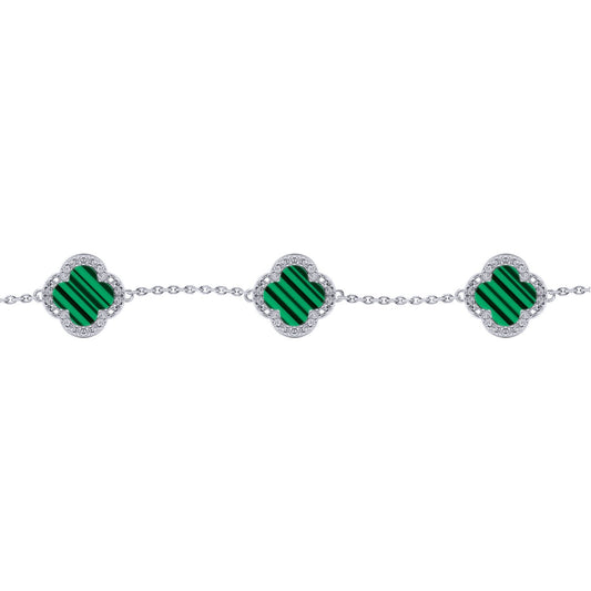 Silver Clover Malachite CZ Halo Lucky Charm 5 Bracelet 7-8.5" - ABB252