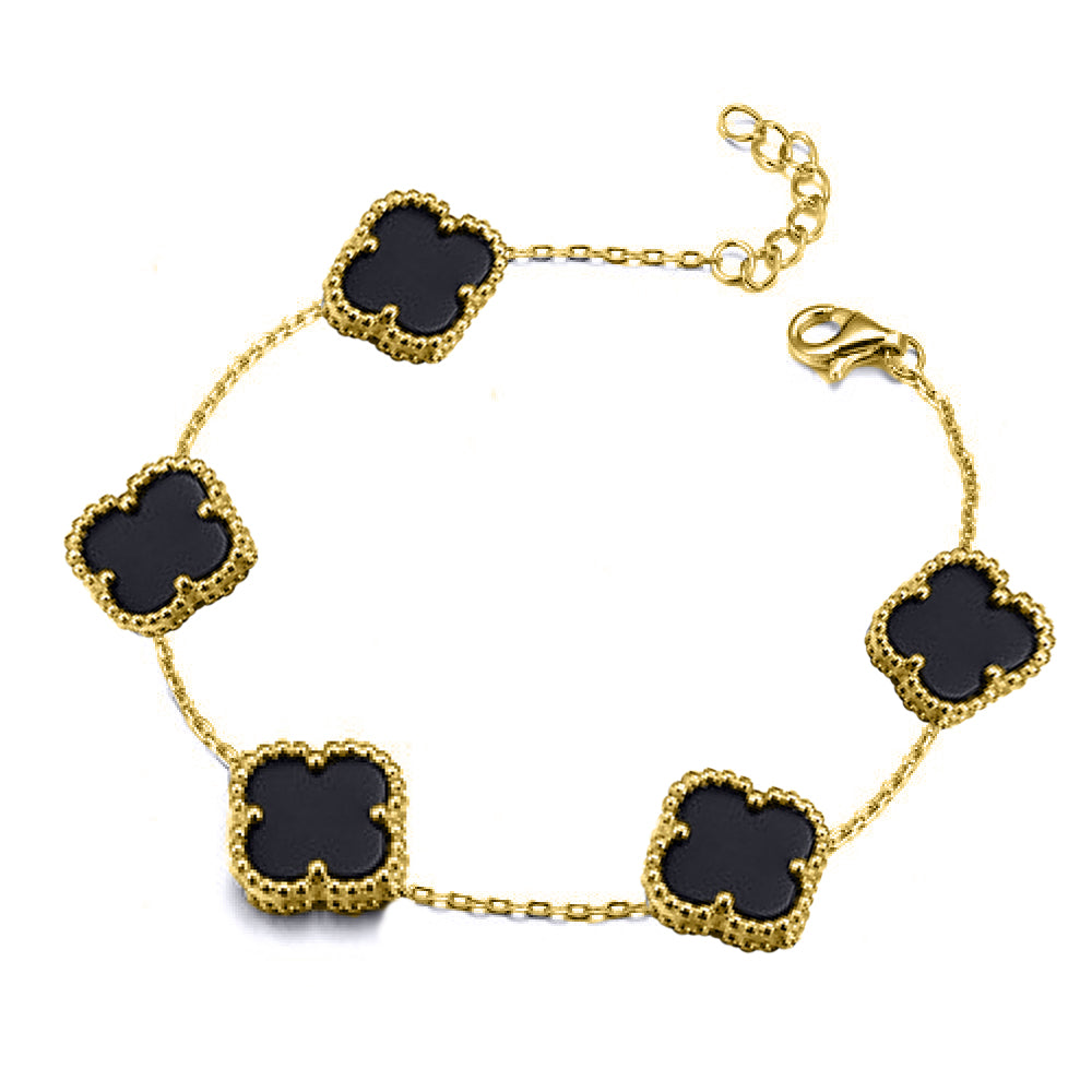 Gold-plated Silver  Black Clover Onyx Lucky Charm Bracelet 7-8.5" - ABB253-GP