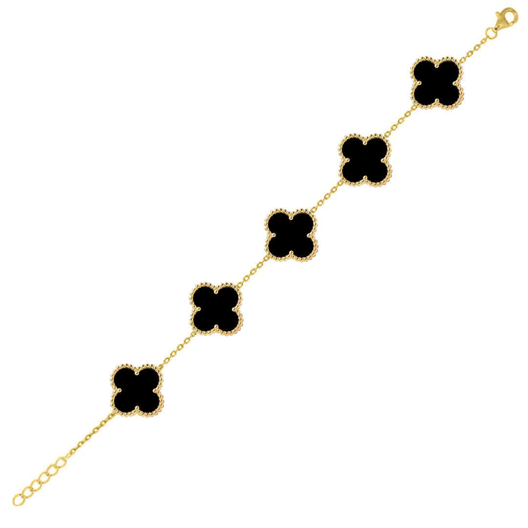 Gold-plated Silver  Black Clover Onyx Lucky Charm Bracelet 7-8.5" - ABB253-GP