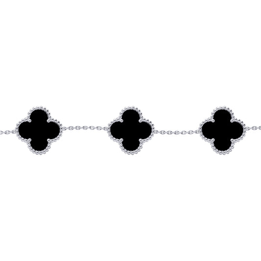 Silver  Black Clover Onyx Lucky Charm 5 Bracelet 7-8.5" - ABB253
