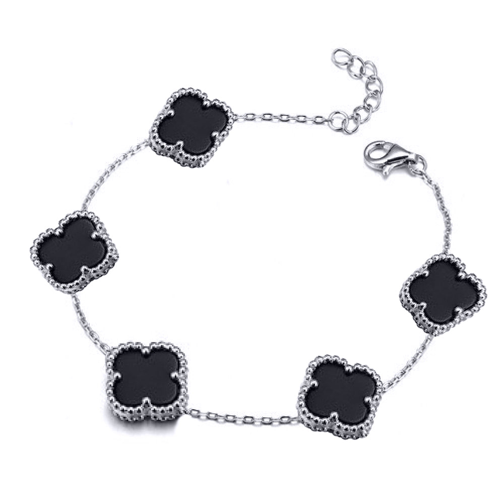 Silver  Black Clover Onyx Lucky Charm 5 Bracelet 7-8.5" - ABB253