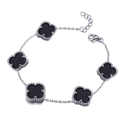 Silver  Black Clover Onyx Lucky Charm 5 Bracelet 7-8.5" - ABB253