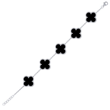 Silver  Black Clover Onyx Lucky Charm 5 Bracelet 7-8.5" - ABB253