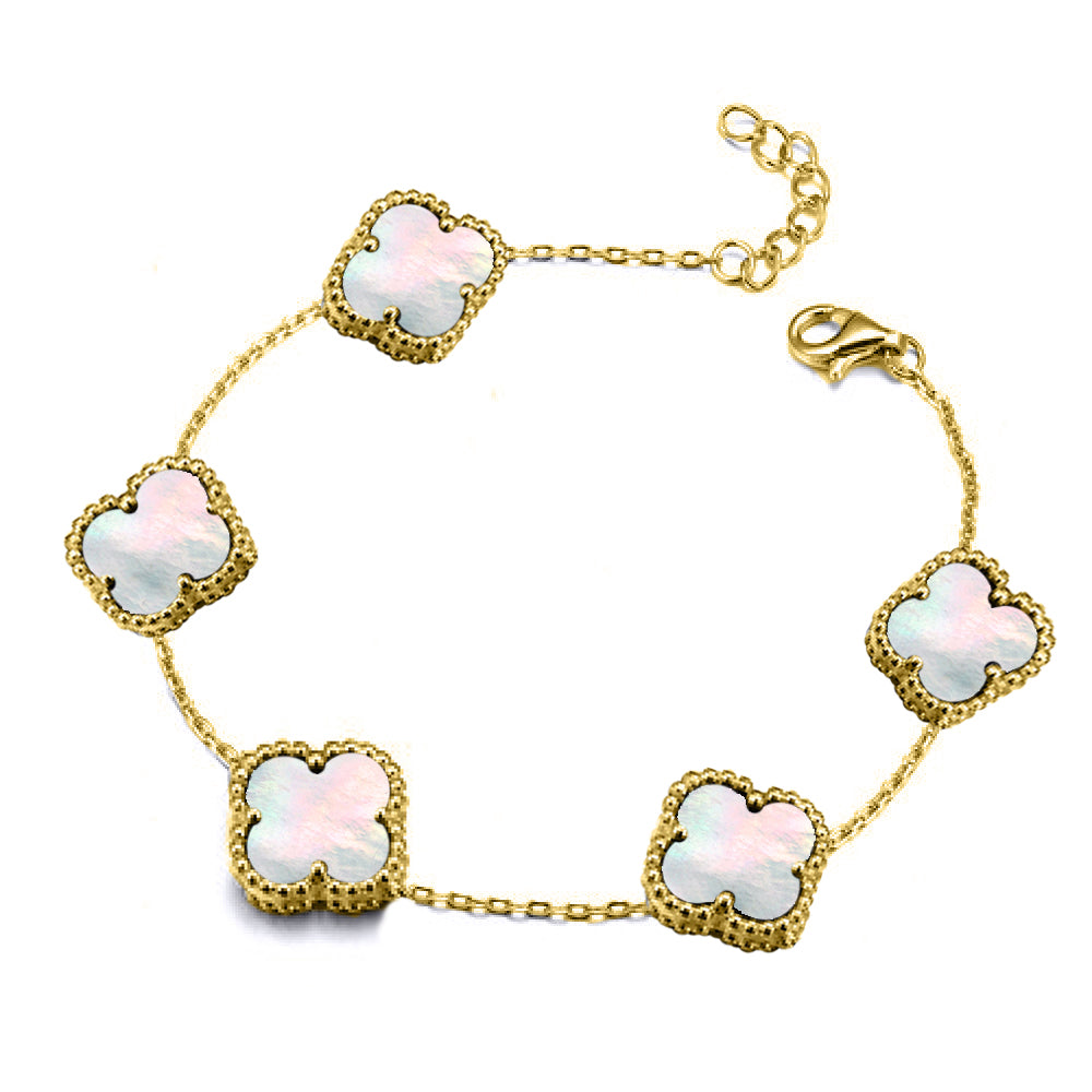 Gold-plated Silver  Clover Mother of Pearl Charm 5 Bracelet 7-8.5" - ABB254-GP