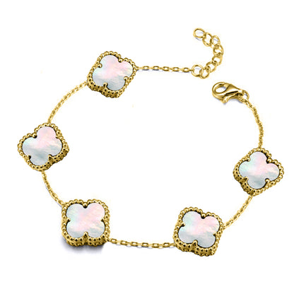 Gold-plated Silver  Clover Mother of Pearl Charm 5 Bracelet 7-8.5" - ABB254-GP