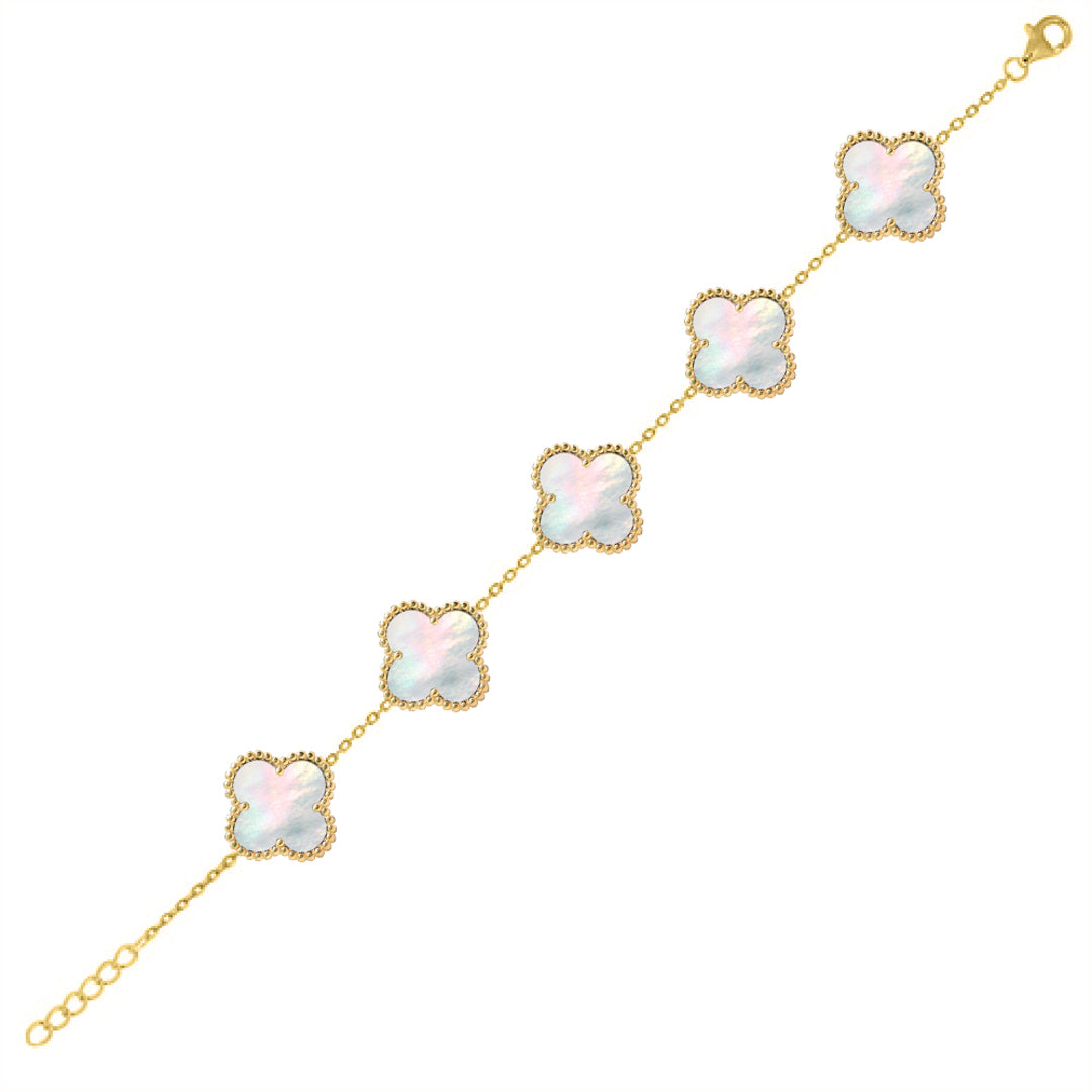 Gold-plated Silver  Clover Mother of Pearl Charm 5 Bracelet 7-8.5" - ABB254-GP