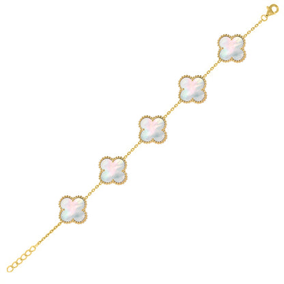Gold-plated Silver  Clover Mother of Pearl Charm 5 Bracelet 7-8.5" - ABB254-GP