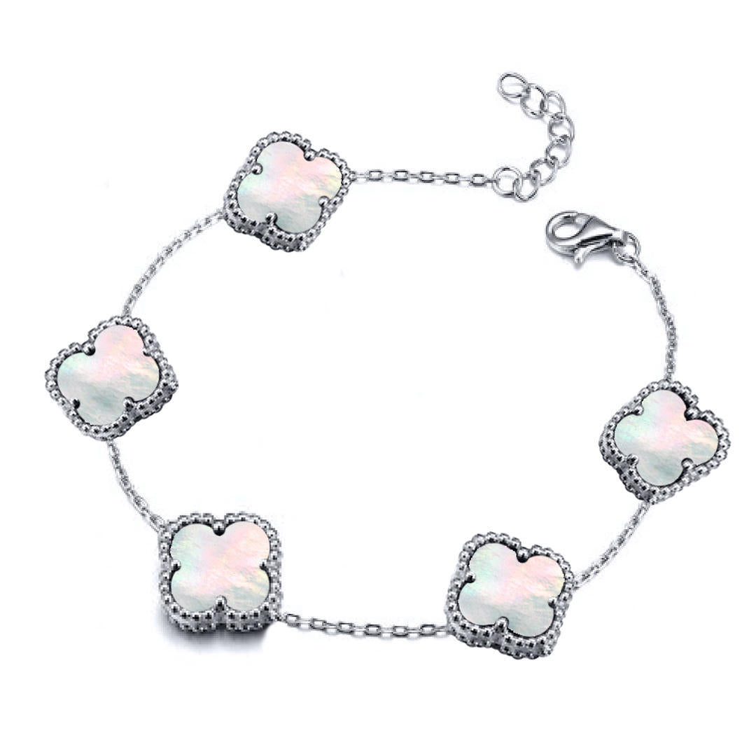 Silver  Clover Mother of Pearl Lucky Charm 5 Bracelet 7-8.5" - ABB254