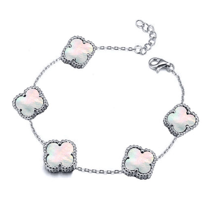 Silver  Clover Mother of Pearl Lucky Charm 5 Bracelet 7-8.5" - ABB254