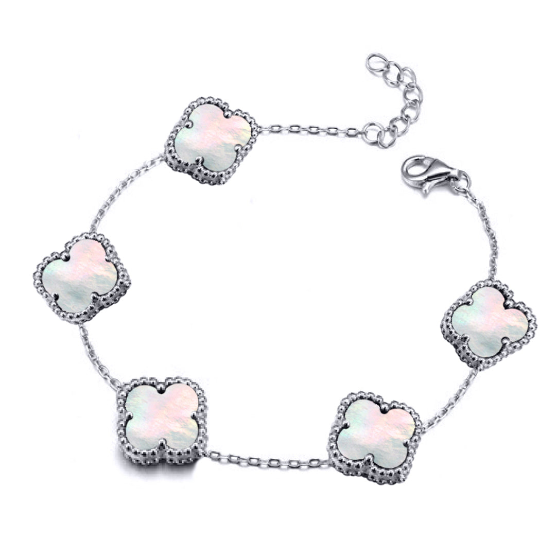 Silver  Clover Mother of Pearl Lucky Charm 5 Bracelet 7-8.5" - ABB254