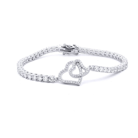 Silver CZ Iced Pave Double Heart CZ Tennis Bracelet 17.5cm 7" - ABB256