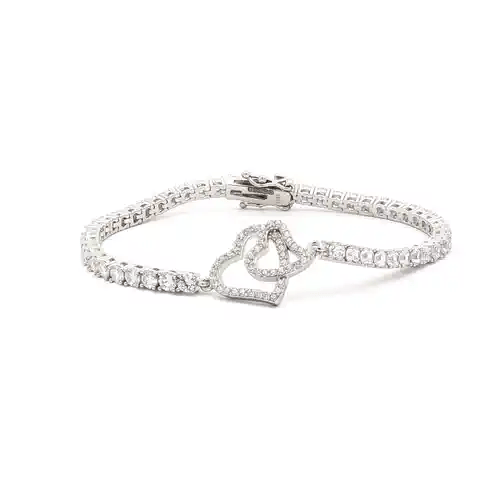 Silver  CZ Iced Pave Double Heart CZ Tennis Bracelet 17.5cm 7" - ABB256