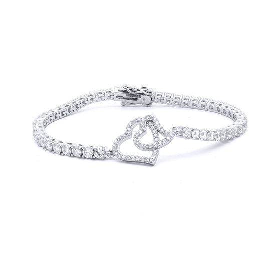 Silver  CZ Iced Pave Double Heart CZ Tennis Bracelet 17.5cm 7" - ABB256