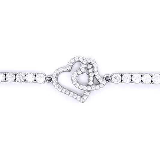 Silver  CZ Iced Pave Double Heart CZ Tennis Bracelet 17.5cm 7" - ABB256