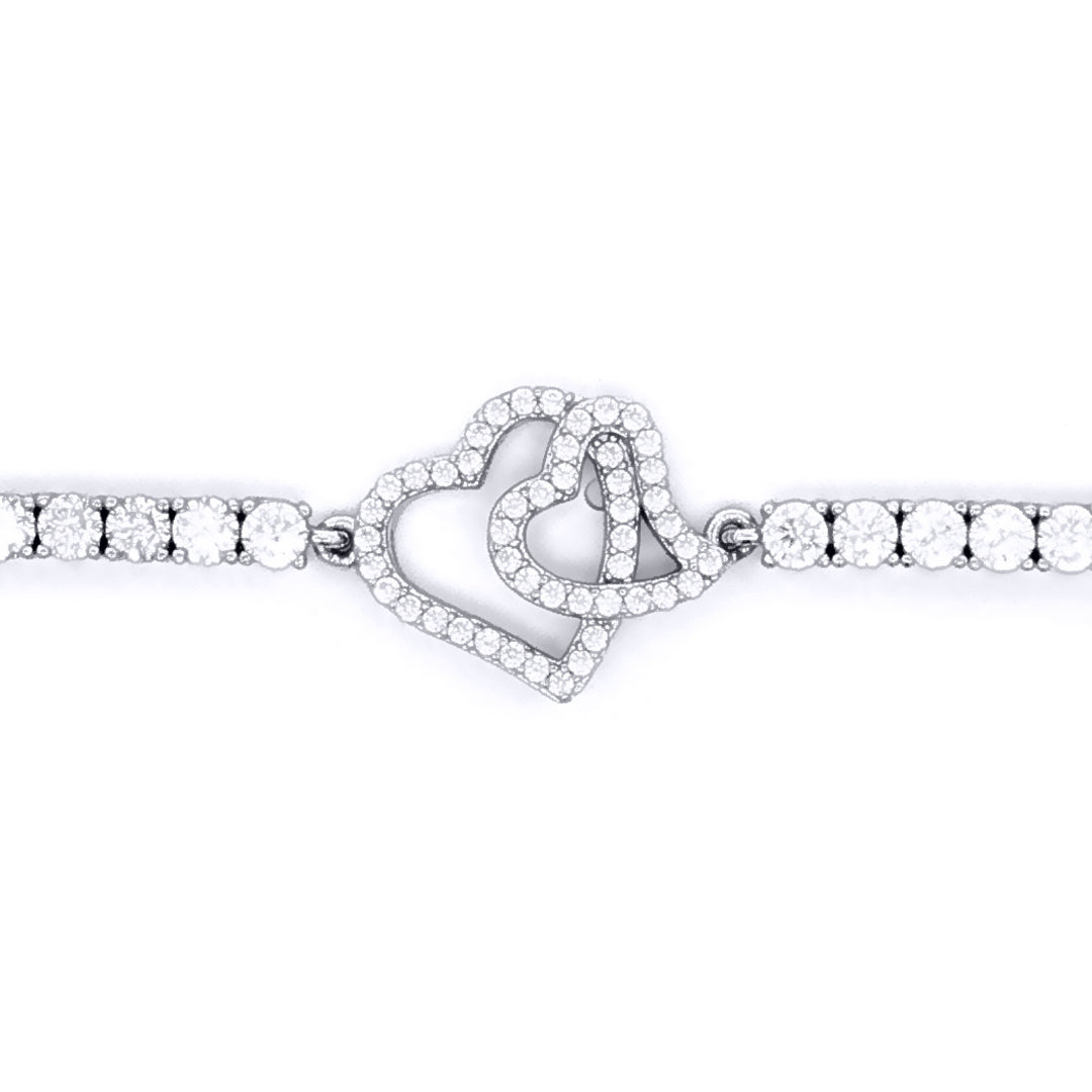 Silver  CZ Iced Pave Double Heart CZ Tennis Bracelet 17.5cm 7" - ABB256