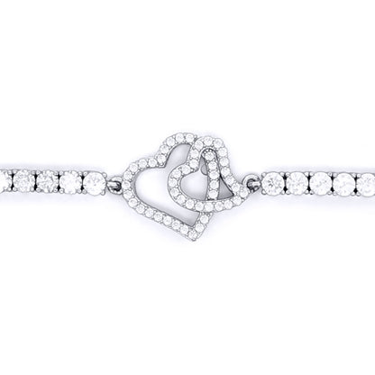 Silver  CZ Iced Pave Double Heart CZ Tennis Bracelet 17.5cm 7" - ABB256