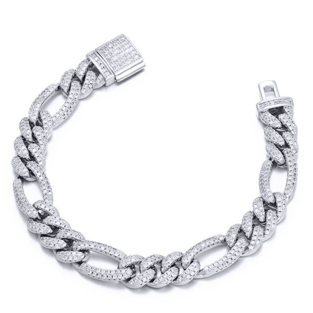 Silver  Iced CZ 3+1 Figaro Chain Bracelet 10mm 8.5" 22cm - ABB257