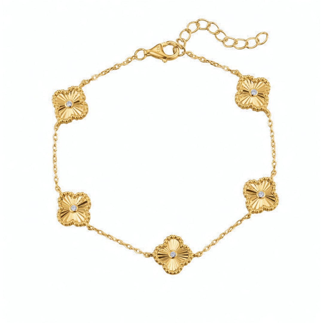 Gold-plated Silver  CZ Fluted Clover 5 Station Charm Bracelet 7-8" - ABB259-GP