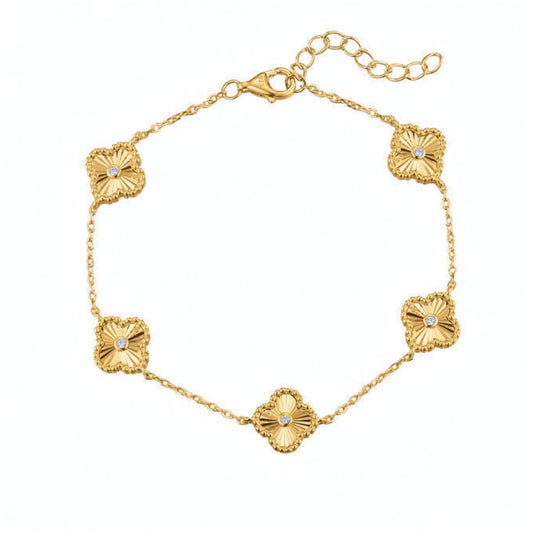 Gold-plated Silver  CZ Fluted Clover 5 Station Charm Bracelet 7-8" - ABB259-GP