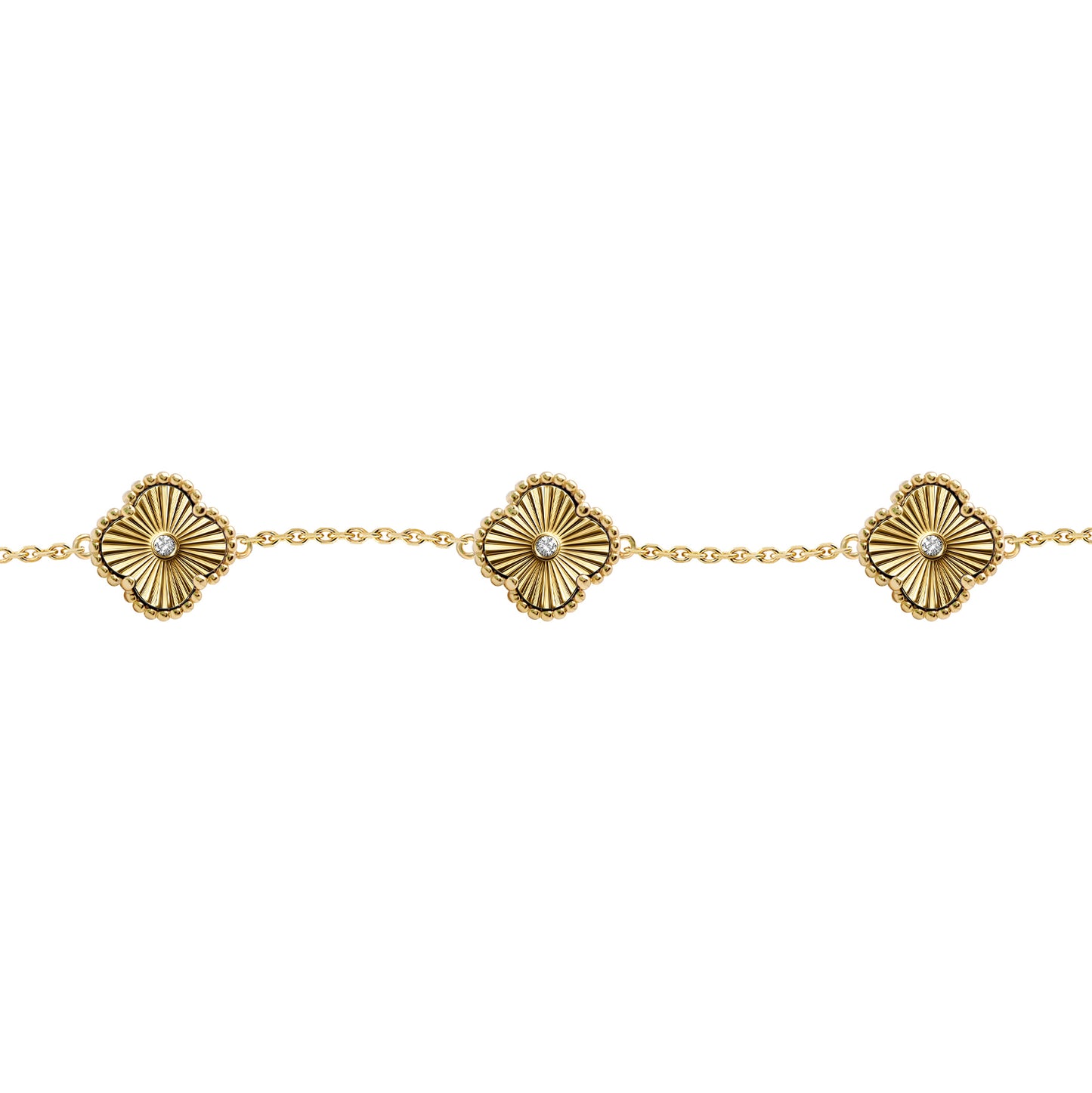 Gold-plated Silver  CZ Fluted Clover 5 Station Charm Bracelet 7-8" - ABB259-GP