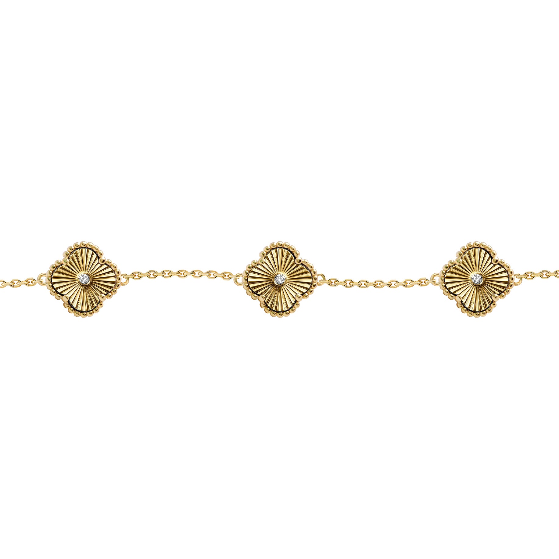 Gold-plated Silver  CZ Fluted Clover 5 Station Charm Bracelet 7-8" - ABB259-GP