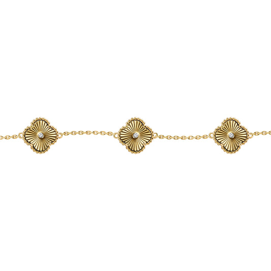 Gold-plated Silver  CZ Fluted Clover 5 Station Charm Bracelet 7-8" - ABB259-GP