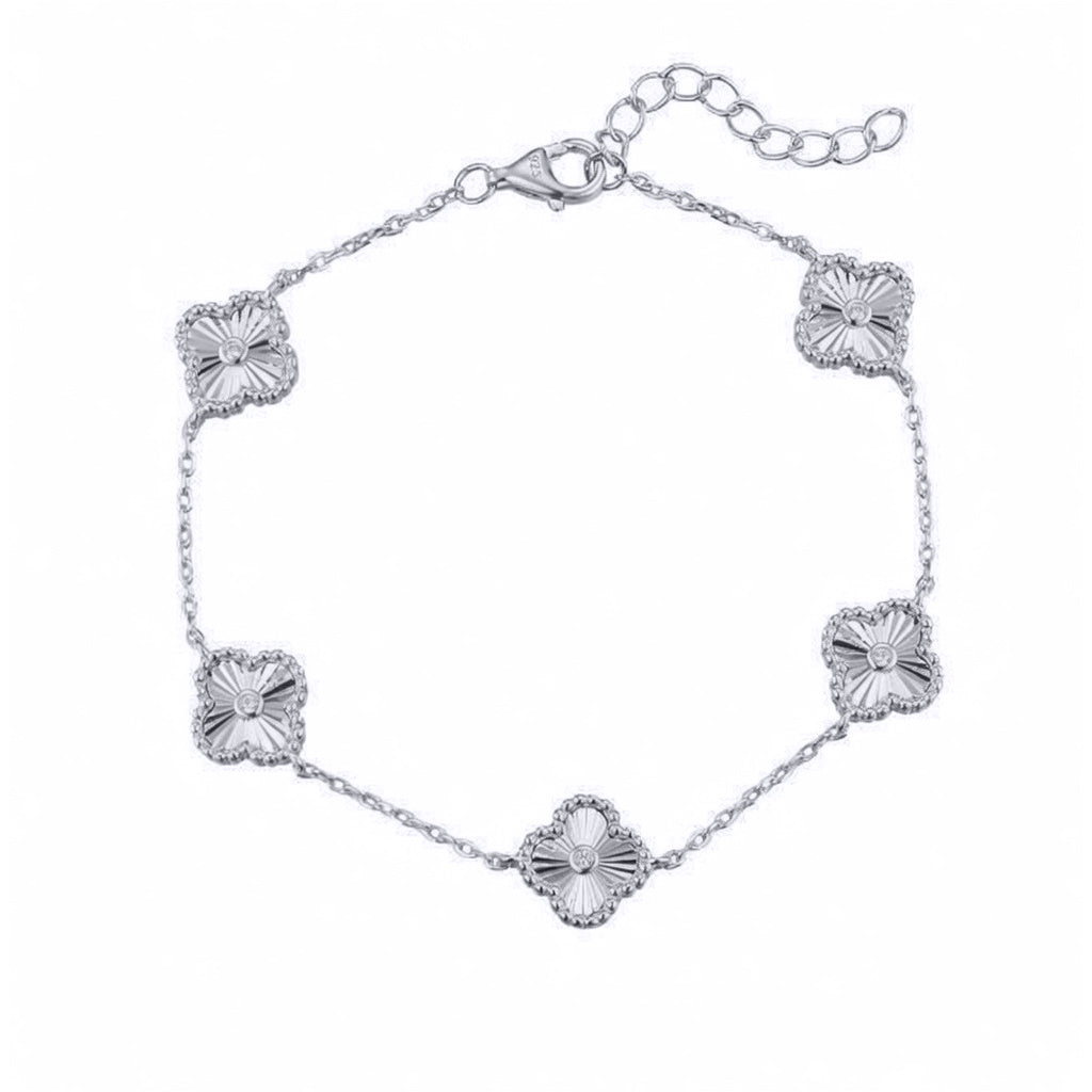 Silver  CZ Fluted Charm 5 Station Adjustable Charm Bracelet 7-8" - ABB259