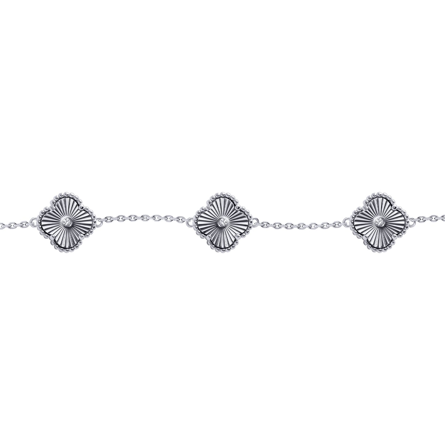 Silver  CZ Fluted Clover 5 Station Adjustable Charm Bracelet 7-8" - ABB259