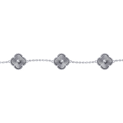 Silver  CZ Fluted Clover 5 Station Adjustable Charm Bracelet 7-8" - ABB259