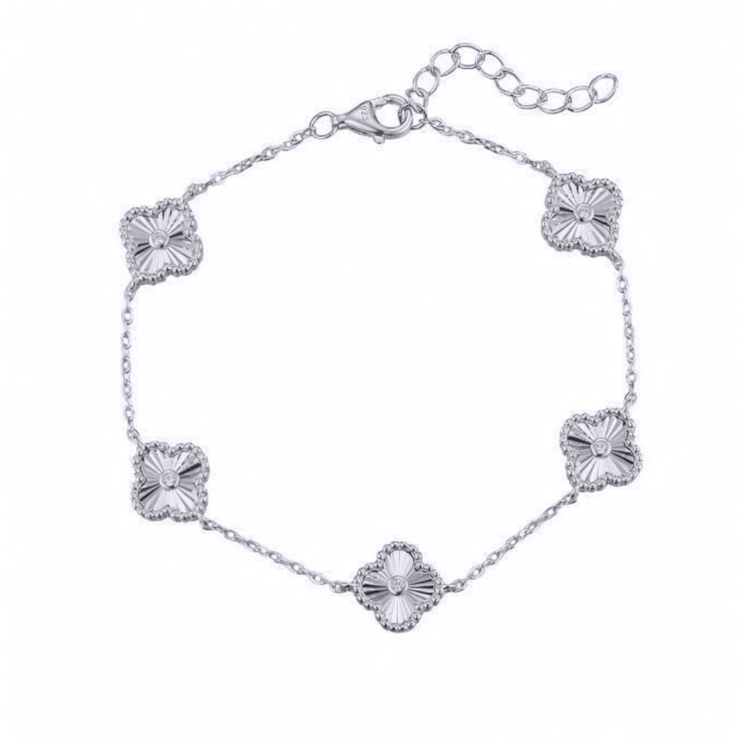 Silver  CZ Fluted Clover 5 Station Adjustable Charm Bracelet 7-8" - ABB259
