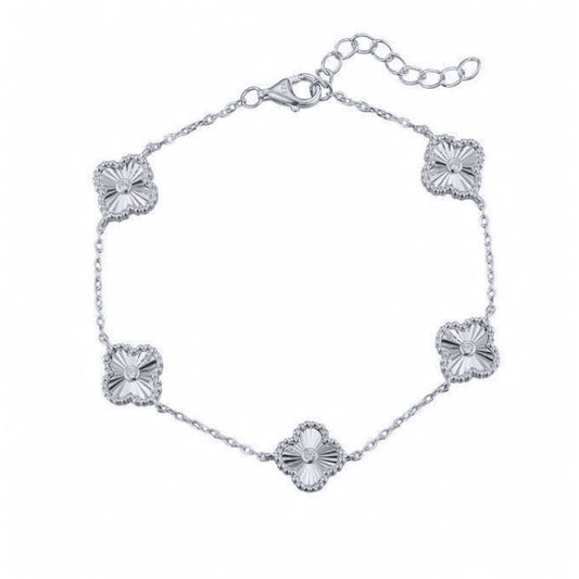Silver  CZ Fluted Clover 5 Station Adjustable Charm Bracelet 7-8" - ABB259