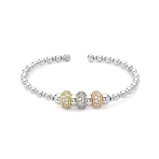 3 Colour Gold-plated Silver  CZ Beaded Ball Cuff Ladies Bangle - ABG031