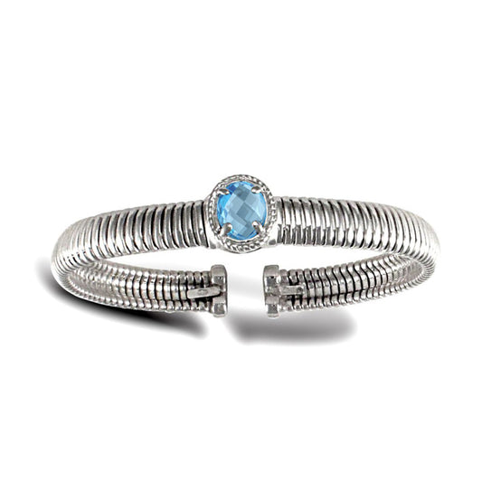 925 Silver  Rhodium Ladies Bangle Centre Oval Blue Stone Cluster - ABG043