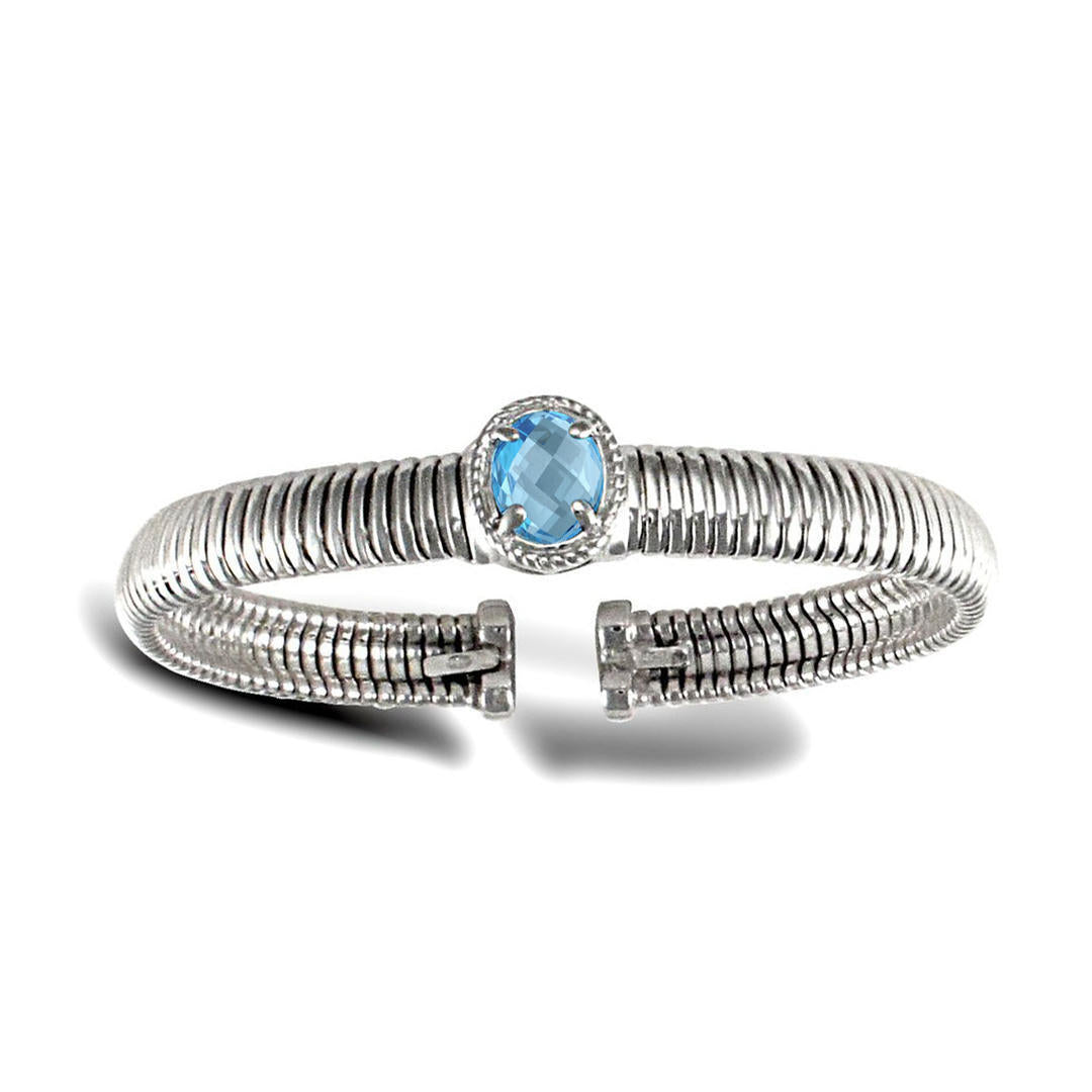 925 Silver  Rhodium Ladies Bangle Centre Oval Blue Stone Cluster - ABG043