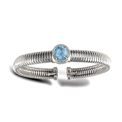 925 Silver  Rhodium Ladies Bangle Centre Oval Blue Stone Cluster - ABG043