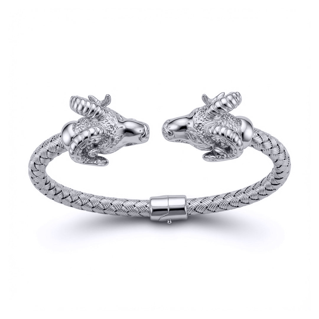 925 Solid Sterling Silver  Double Rams GOAT Torque Bangle Bracelet - ABG048