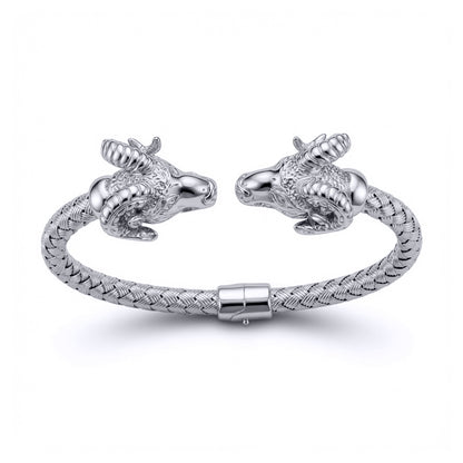 925 Solid Sterling Silver  Double Rams GOAT Torque Bangle Bracelet - ABG048