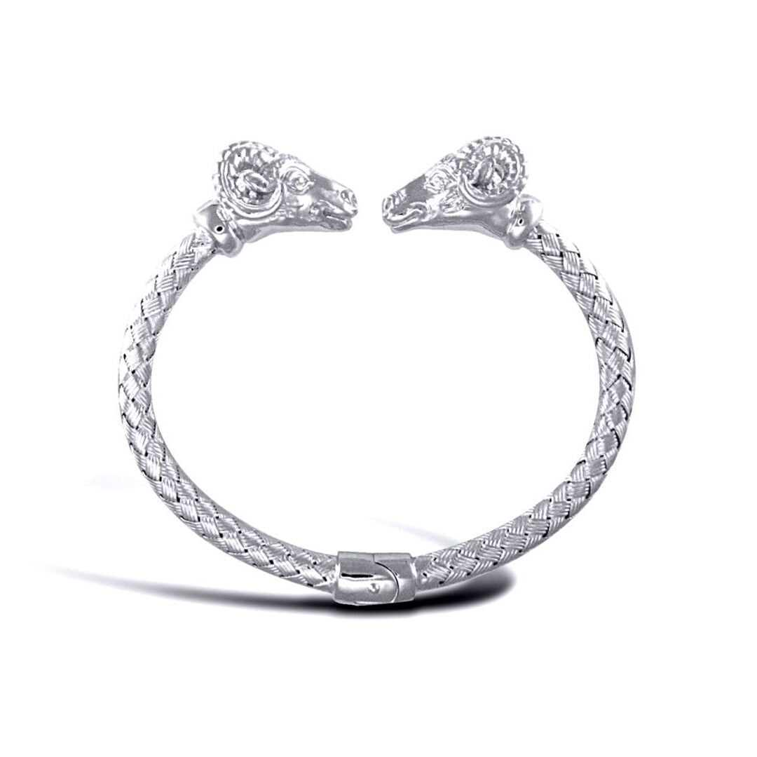 925 Solid Sterling Silver  Double Rams GOAT Torque Bangle Bracelet - ABG048