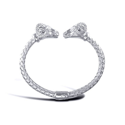 925 Solid Sterling Silver  Double Rams GOAT Torque Bangle Bracelet - ABG048