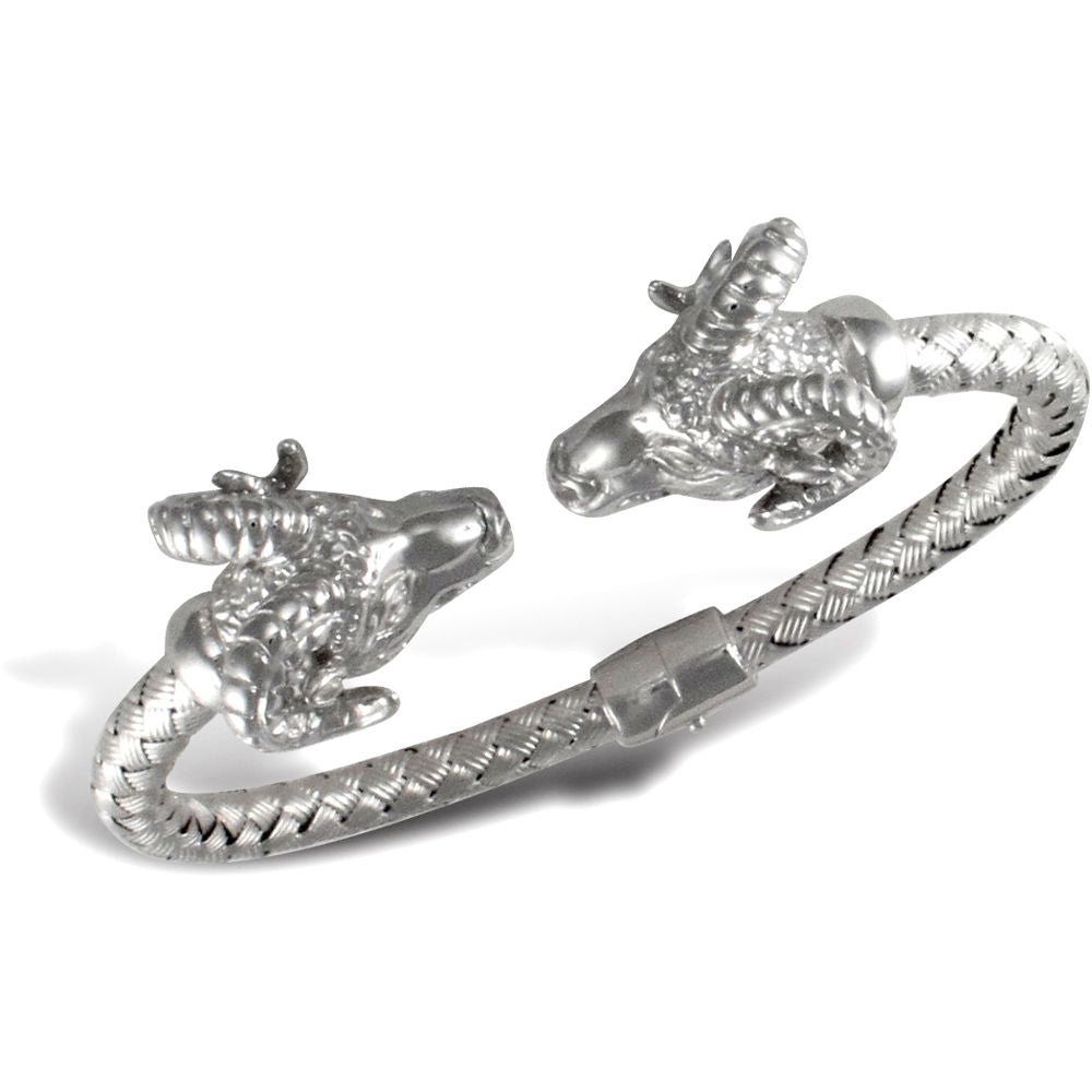 925 Solid Sterling Silver  Rhodium Double Rams Head Ladies Bangle - ABG048