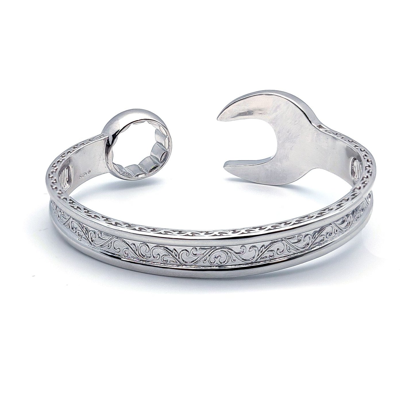 Mens Sterling Silver  Heavy Casted Carved Spanner Bangle Bracelet - ABG053