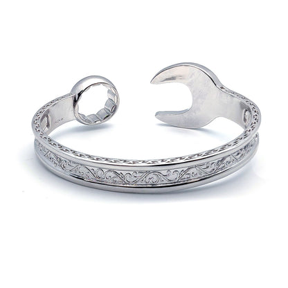 Mens Sterling Silver  Heavy Casted Carved Spanner Bangle Bracelet - ABG053