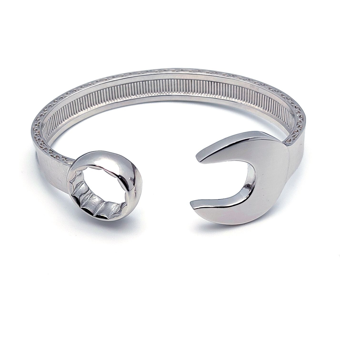 Mens Sterling Silver  Heavy Casted Carved Spanner Bangle Bracelet - ABG053