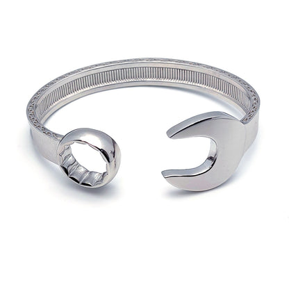 Mens Sterling Silver  Heavy Casted Carved Spanner Bangle Bracelet - ABG053