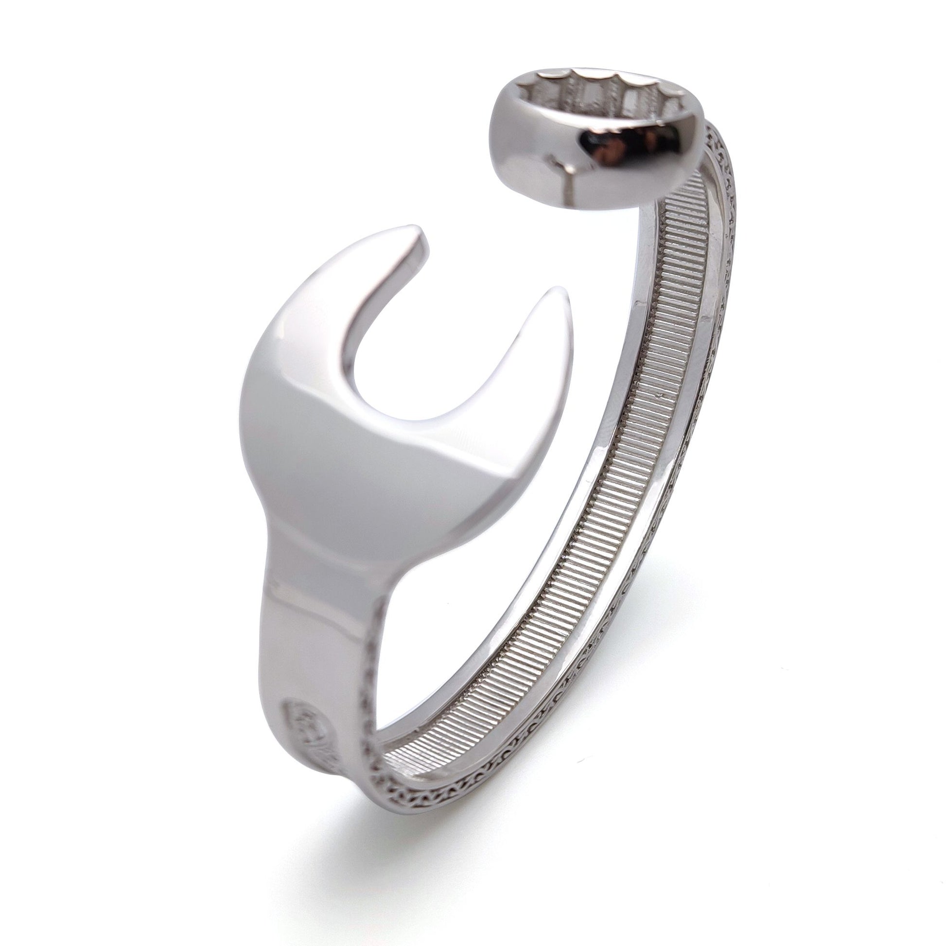 Mens Sterling Silver  Heavy Casted Carved Spanner Bangle Bracelet - ABG053