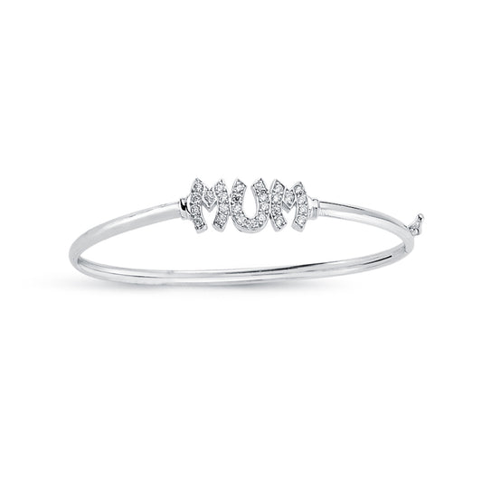 Womens Rhodium Plated Silver  Round CZ MUM ID Bangle Bracelet 3mm - ABG060