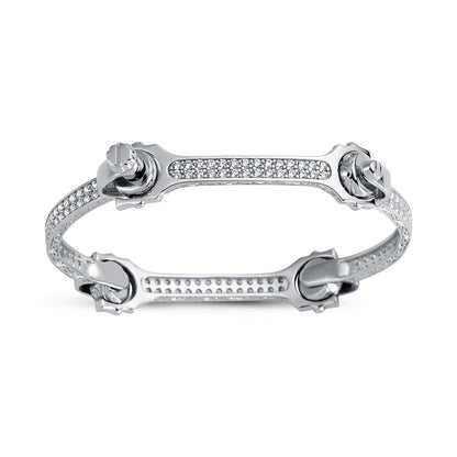 Womens Rhodium Silver  CZ Spanner & Socket Bangle Bracelet 4mm - ABG062